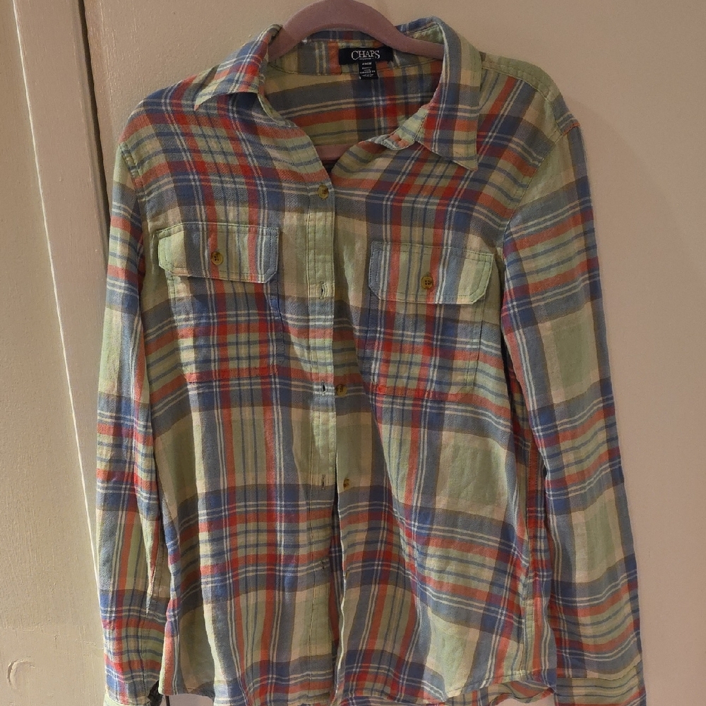 Chaps Blue, Green and Red Plaid Button Down Shirt
